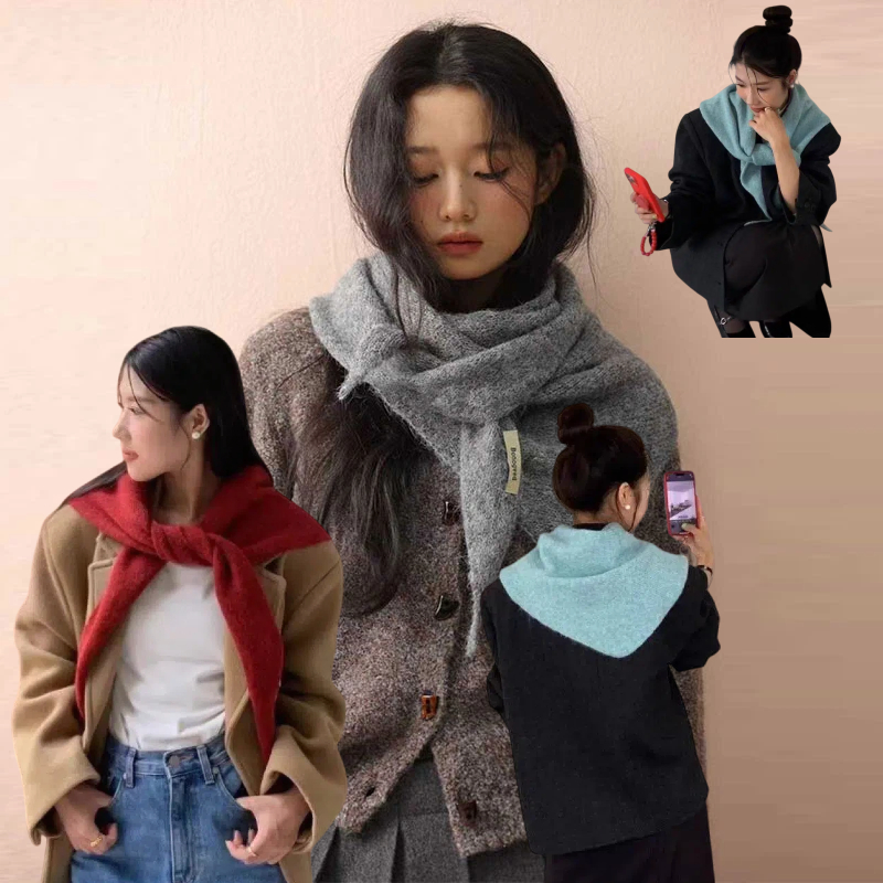 Women'S Korean Accessories - ผ้าคลุมไหล่ไหมพรมถักทรงสามเหลี่ยมสไตล์เกาหลี อุ่นสบายสำหรับฤดูหนาว ผ้าคลุมอเนกประสงค์ ผ้าพันคอหลากสีขนาดใหญ่ ผ้าคลุมไหล่สำหรับผู้หญิง อุปกรณ์เสริมสำหรับฤดูหนาว