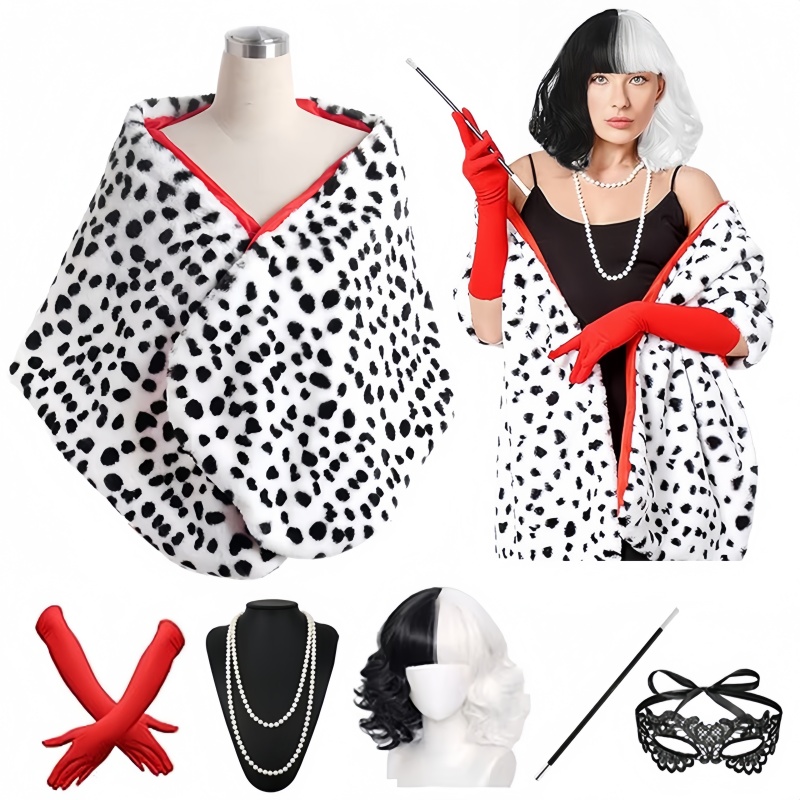 Women'S Accessories In The 1920S - ชุดคอสตูมผู้หญิง Cruella Deville ลายสุนัขดัลเมเชียน ผ้าคลุมไหล่สั้น ถุงมือสีแดง