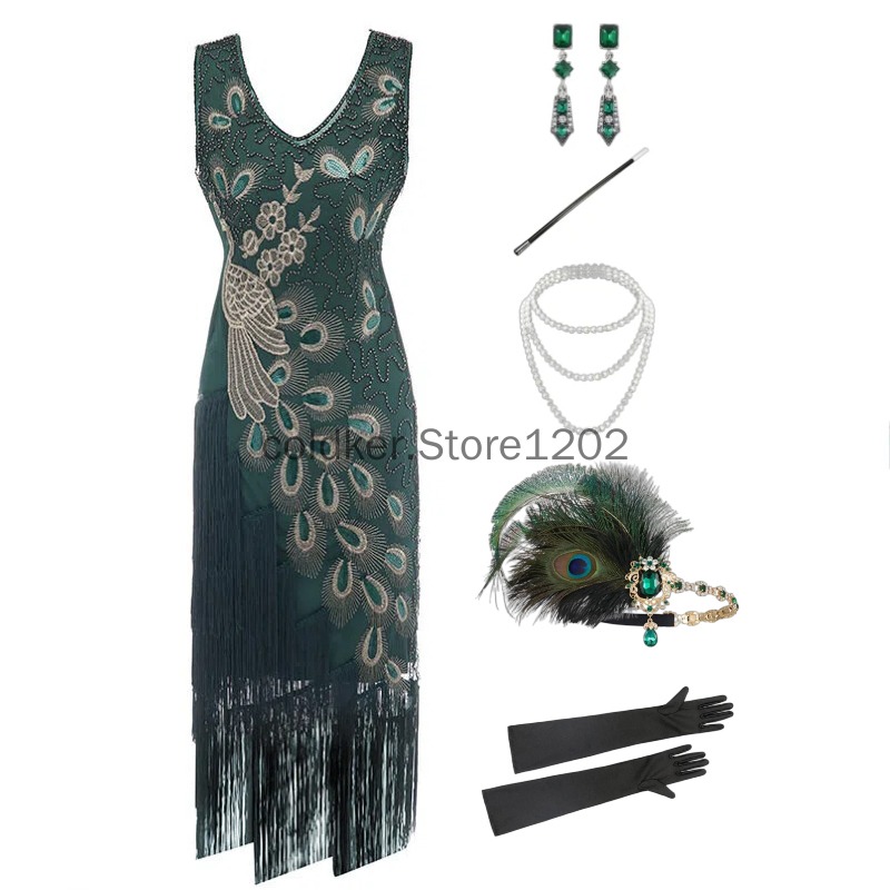 Women'S Accessories In The 1920S - ชุดเดรสแฟลปเปอร์ยุค 1920 ประดับเลื่อมลายขนนกยูง พร้อมชุดเครื่องประดับสำหรับผู้หญิง ชุดเดรสปาร์ตี้ประดับเลื่อมและพู่ห้อย