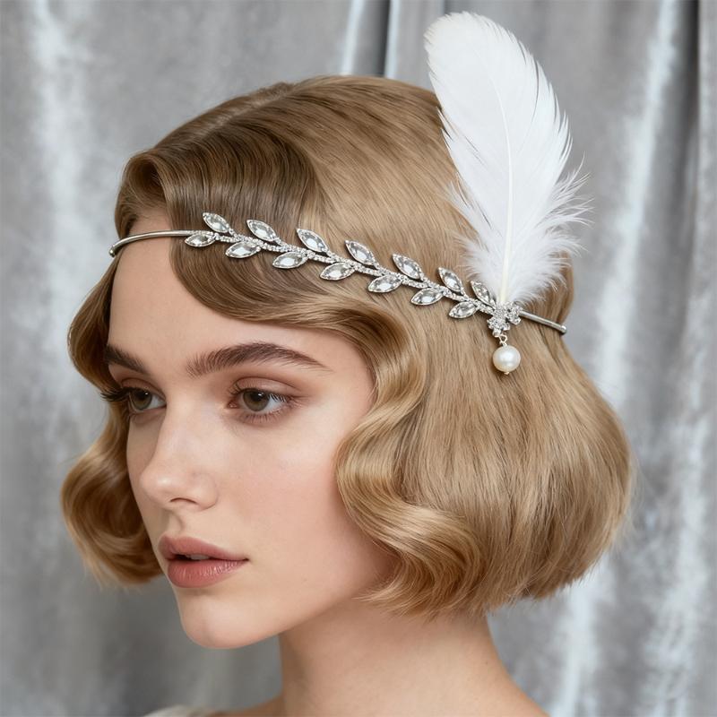 Women'S Accessories In The 1920S - ที่คาดผมขนนกสไตล์แฟลปเปอร์ยุค 1920 ประดับด้วยใบไม้และคริสตัลวิบวับ สำหรับงานปาร์ตี้ธีมเรโทร งานเต้นรำ และงานกลางคืน