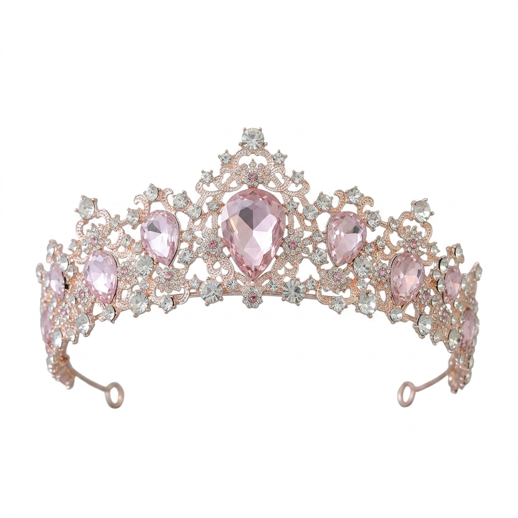 Women Accessories For Wedding - ที่คาดผมมงกุฎหรูหราสำหรับงานแต่งงาน งานประกวด ถ่ายภาพ มงกุฎโลหะผสมสีชมพู เครื่องประดับสุดโรแมนติก