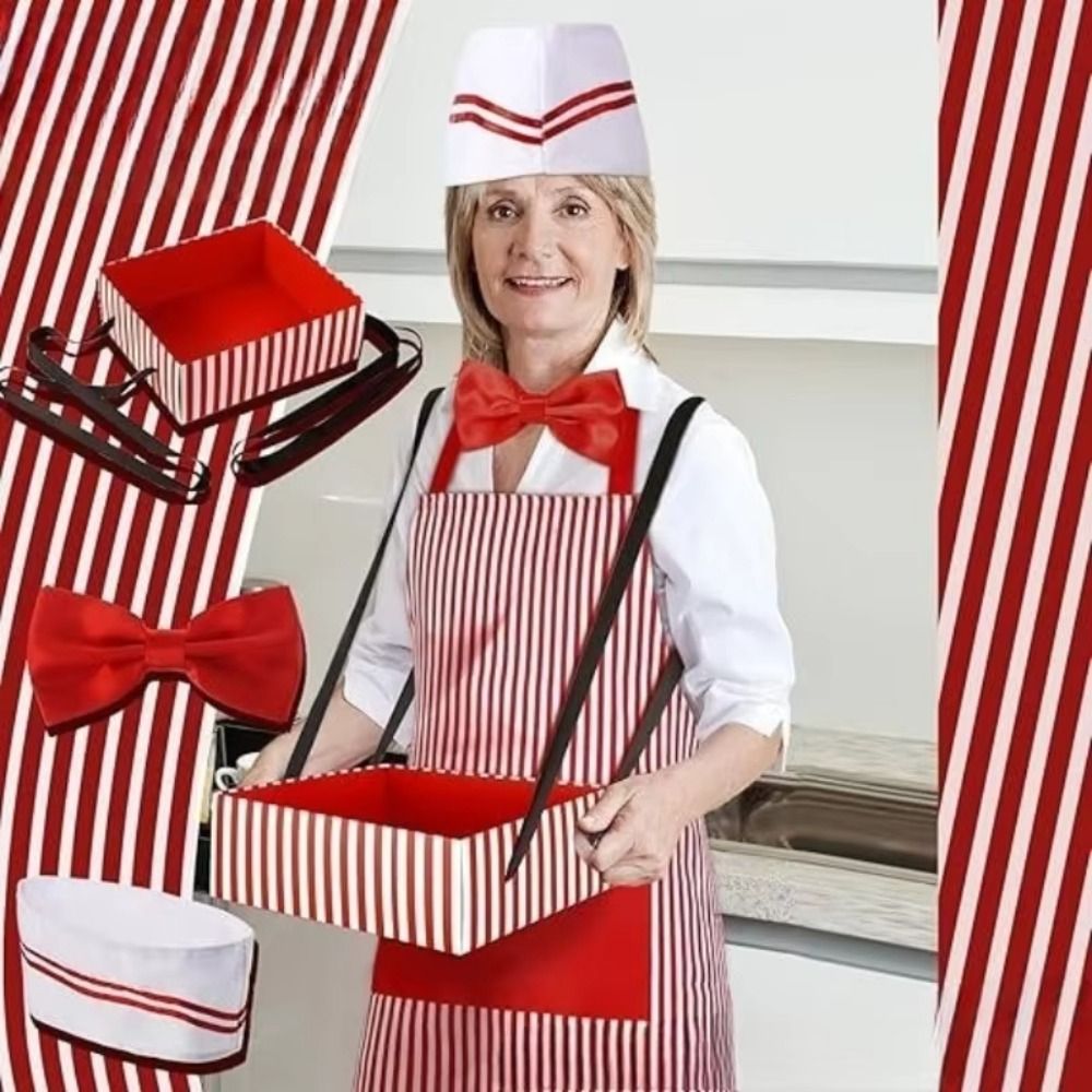 Women Kitchen Accessories - ผ้ากันเปื้อนคอสเพลย์พนักงานเสิร์ฟงานคาร์นิวัลและละครสัตว์ พร้อมหมวก ลายทางสีแดงขาว ชุดเชฟสำหรับเล่นบทบาทสมมติ งานปาร์ตี้ธีม ชุดยูนิฟอร์มครัว